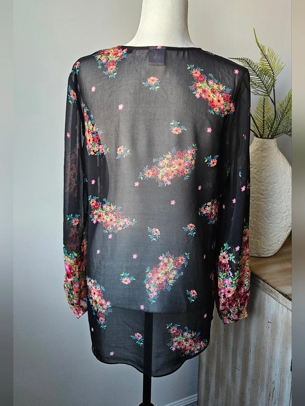 CAbi Black Sheer Floral Tie-Front Blouse - Picture 4 of 6